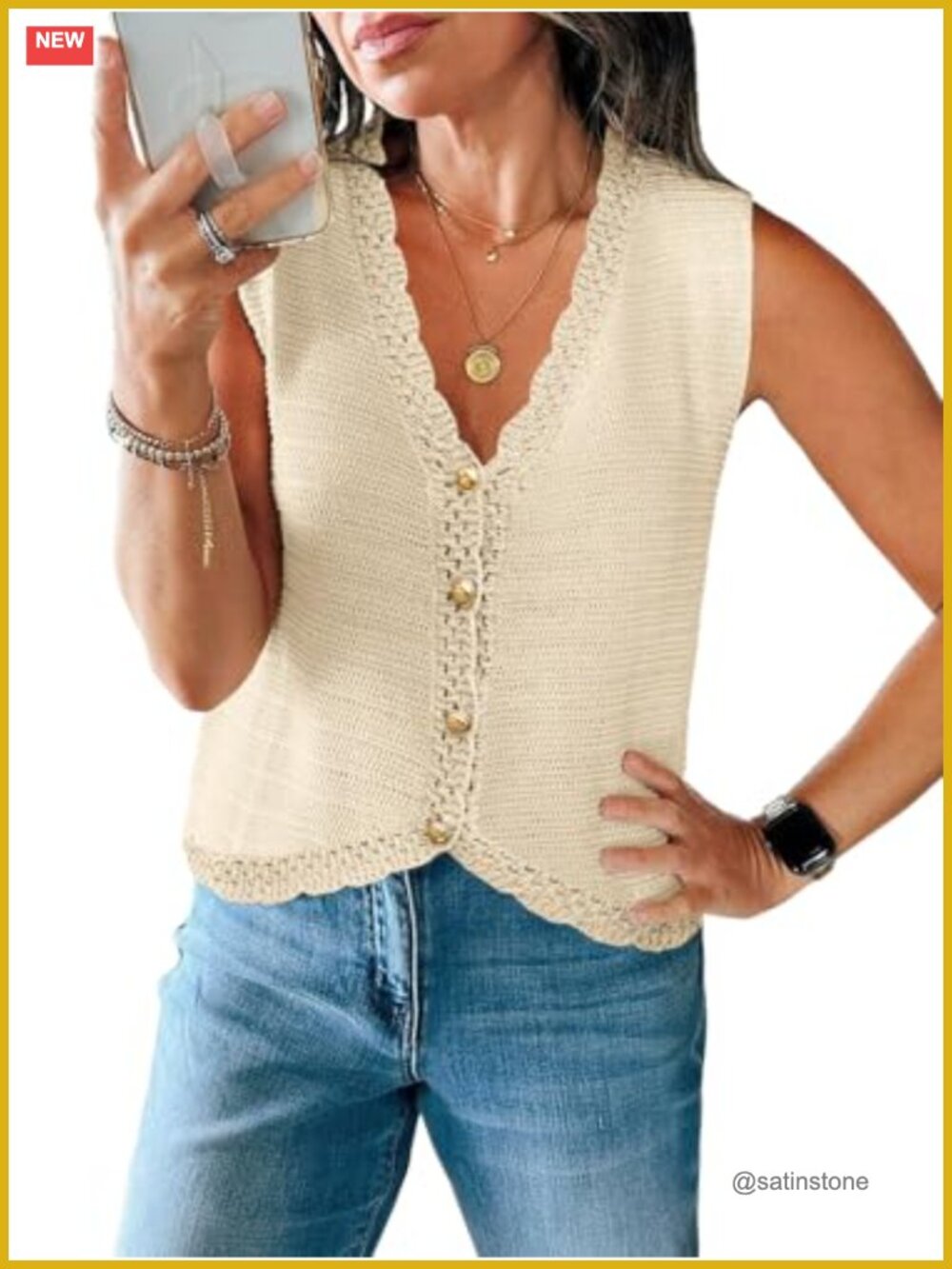 Crochet Knit Sweater Vest V-Neck Button Down Sleeveless Tank Top